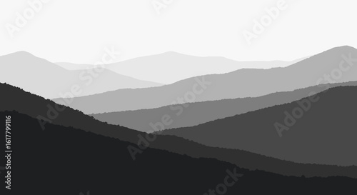 Serene mountain range silhouette with misty gradient evokes a sense of calm, perfect for branding, backgrounds, or design projects