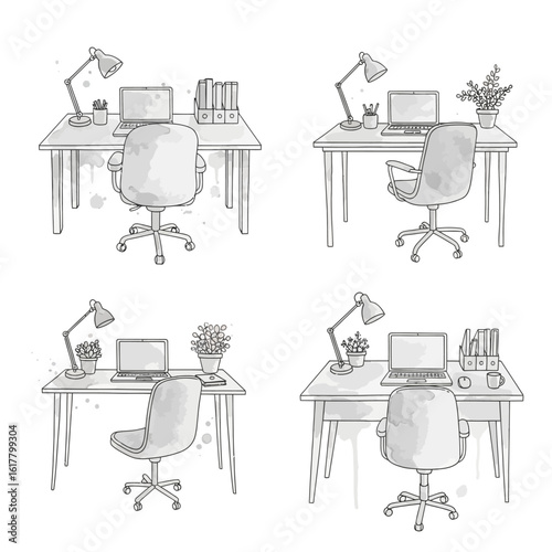 Hand-drawn office desks with laptops lamps chairs and plants in watercolor style.