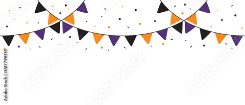 Seamless Orange, Purple and Black Halloween Party Bunting with confetti Decoration Illustration.