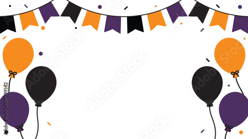Cheerful Halloween celebration background illustration with orange, purple and black party bunting, balloons, and confetti.	