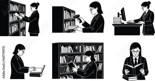 Black and white vector illustration of a librarian in various poses