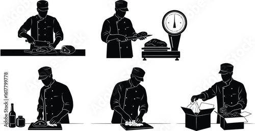 Black and white vector illustration of a chef preparing meat