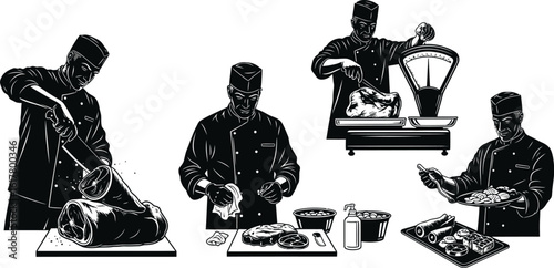 Chefs preparing meat in black and white illustration