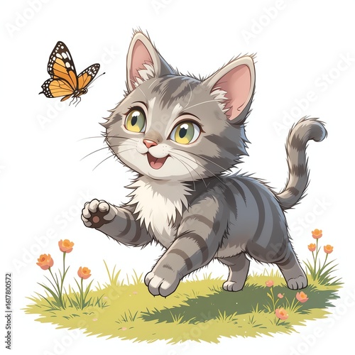 A playful kitten chases a butterfly in a colorful garden, radiating joy and curiosity.