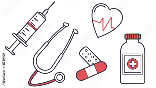 Collection of medical icons including a syringe stethoscope heart monitor capsule and medicine bottle