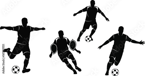 Silhouetted soccer players in action