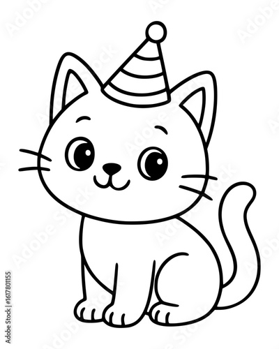 Cute Kitten with Party Hat – Adorable Cat Coloring Page for Kids Birthday Theme