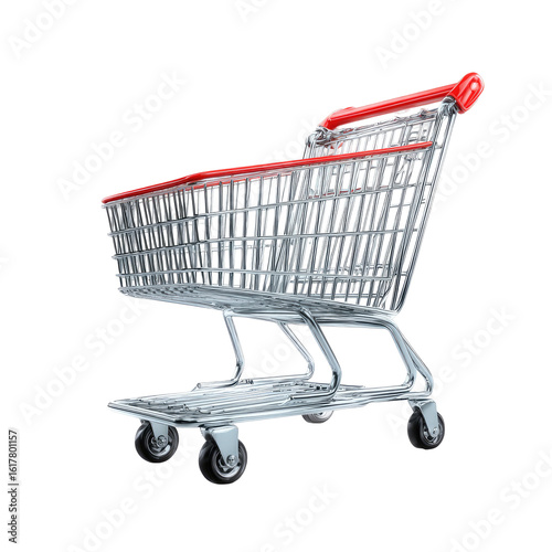 Empty shopping cart, metallic, red accents