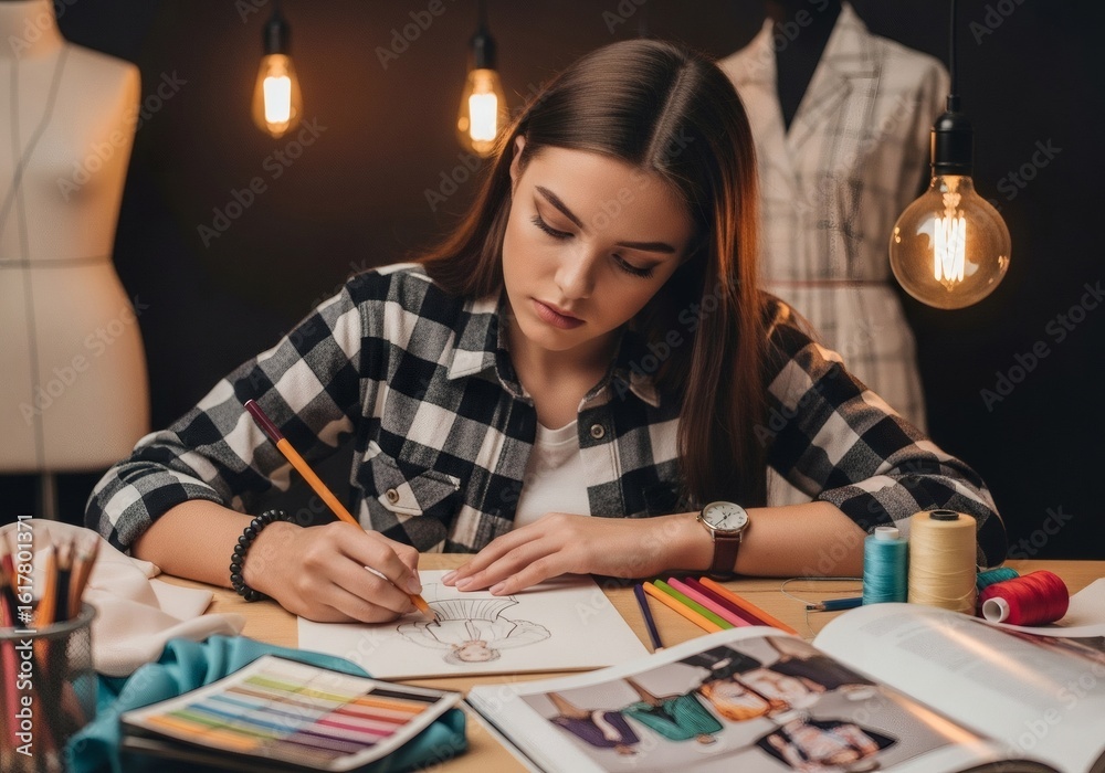 Fototapeta premium Gen Z fashion designer sketching clothing in her studio with passion and ambition