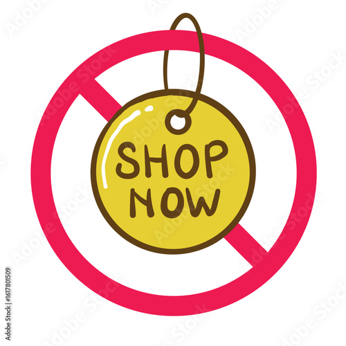 No shop now tag icon, forbidden shopping promotion label vector illustration