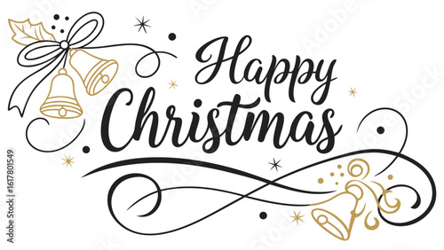 Elegant happy christmas greeting with festive bells holly and swirling ornate decorations