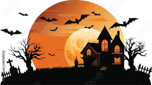 Spooky Halloween night illustration with a haunted castle, a full moon, and scary bats silhouetted against dark autumn trees and pumpkins