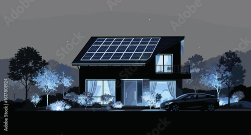 Modern eco-friendly home with solar panels and electric car parked outside, illuminated by soft blue ambient lighting at dusk