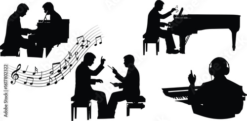 Silhouetted musicians playing pianos and conducting