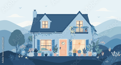 Charming cottage nestled in rolling hills, adorned with blooming plants and inviting windows, evoking serene country living.