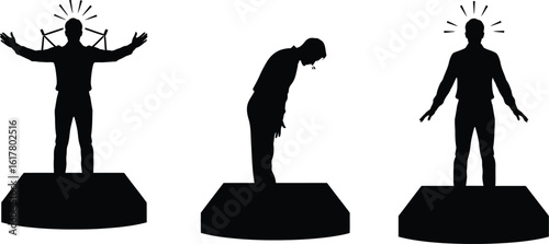 Silhouetted figures on platforms in different poses