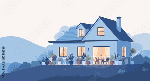 Charming blue two-story house with a lush porch garden sits serenely on a hill overlooking rolling landscapes