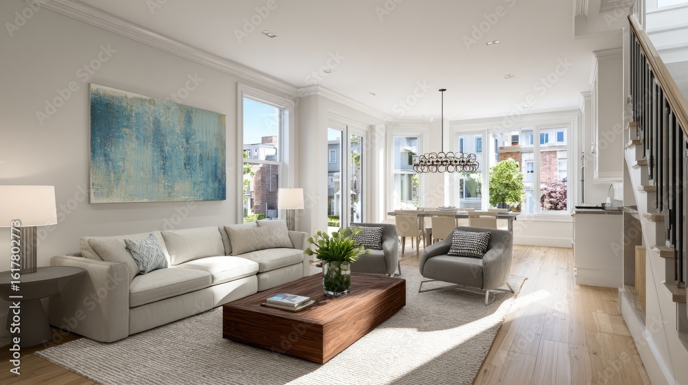 Fototapeta premium Open-concept ground floor of a townhouse with coordinated furniture layout