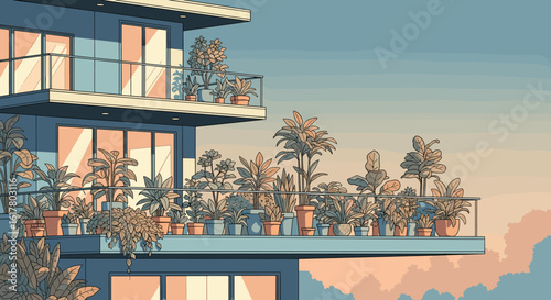 Vibrant balcony garden flourishes with lush greenery and modern architecture bathed in soft sunset glow