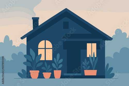 Cozy dwelling with warm glowing windows and potted plants evokes feelings of comfort, home, and peaceful evenings