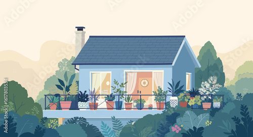Serene blue house with lush balcony garden overlooking misty hills, evoking peaceful suburban living and natural beauty.