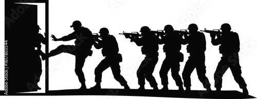 Silhouette of swat team breaching door