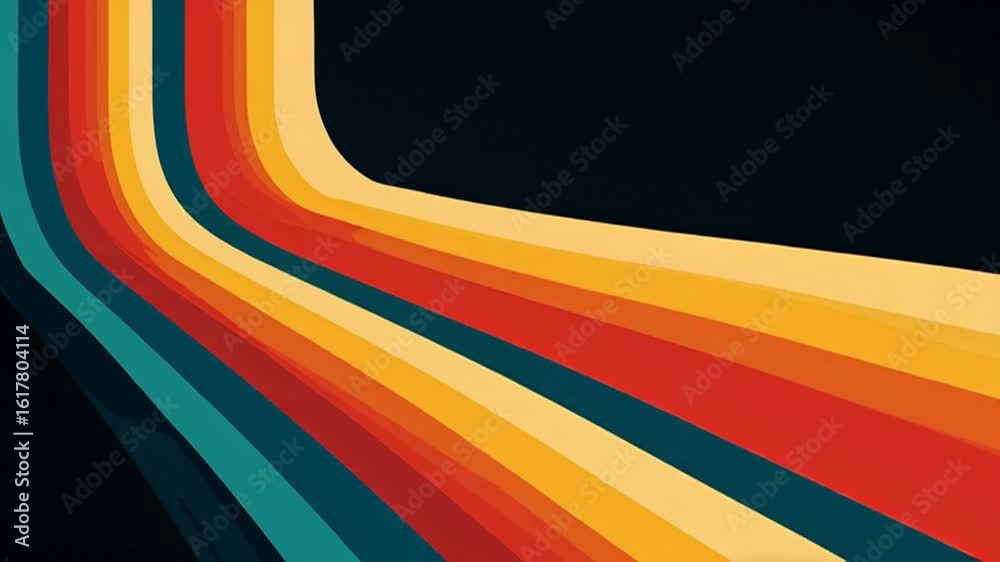 A retro vector graphic design of colorful stripes Retro, on a dark background, with bold lines, simple shapes, and a 1970s
