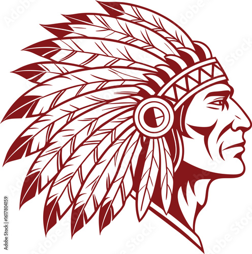 Native American Indian Chief Head with Headdress in Profile Illustration