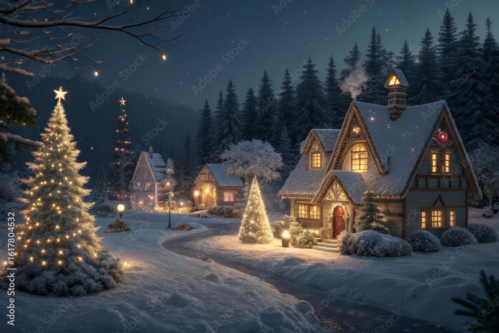 Naklejka premium Winter Holidays: Share Festive Village Nights with Snowy Charm and Christmas Light Magic 