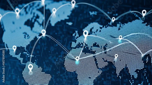 A digital map of the world with pins or markers on various locations, indicating global connectivity and technology as an illustration in a blue background color