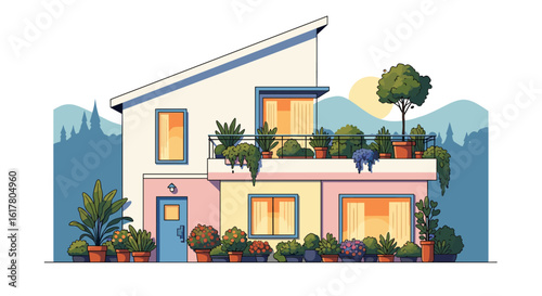 Charming modern home adorned with lush potted plants on balcony and windowsill, creating a serene urban oasis