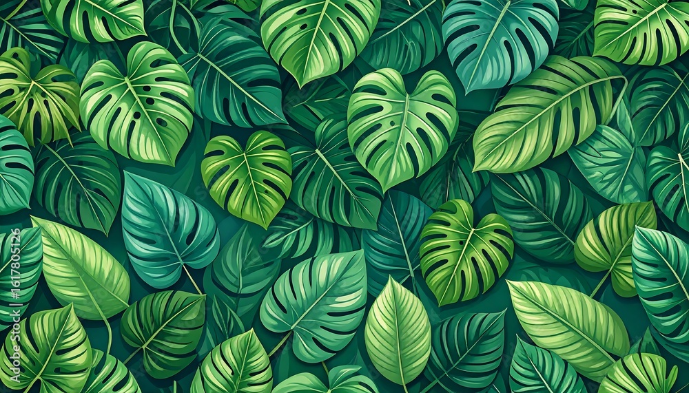 Fototapeta premium Lush green tropical foliage densely packed, various leaf shapes and shades