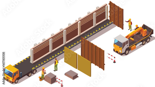 Isometric view showing workers installing modular wall sections with trucks and safety barriers on a site