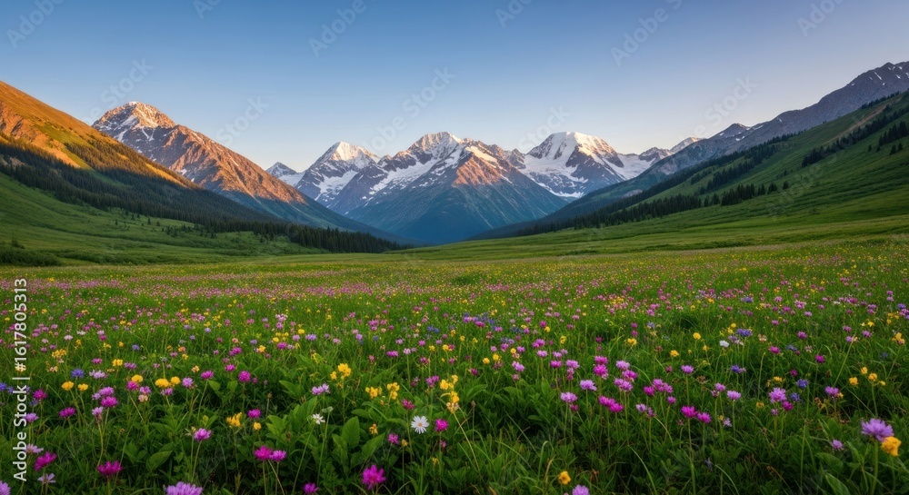 Fototapeta premium A scenic view of a mountain range with snow capped peaks and a field of wildflowers in the foreground