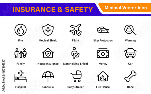 Insurance elements - minimal thin line web icon set. Insurance editable stroke symbols collection. Life, Car, House, Care, Money Insurance.