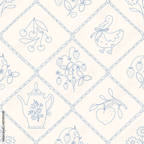 Hand drawn cottage core seamless lattice pattern with a charming whimsical coquette design. Soft blue, pastel, and nostalgic trellis print. Perfect for textiles and romantic vintage-inspired decor.