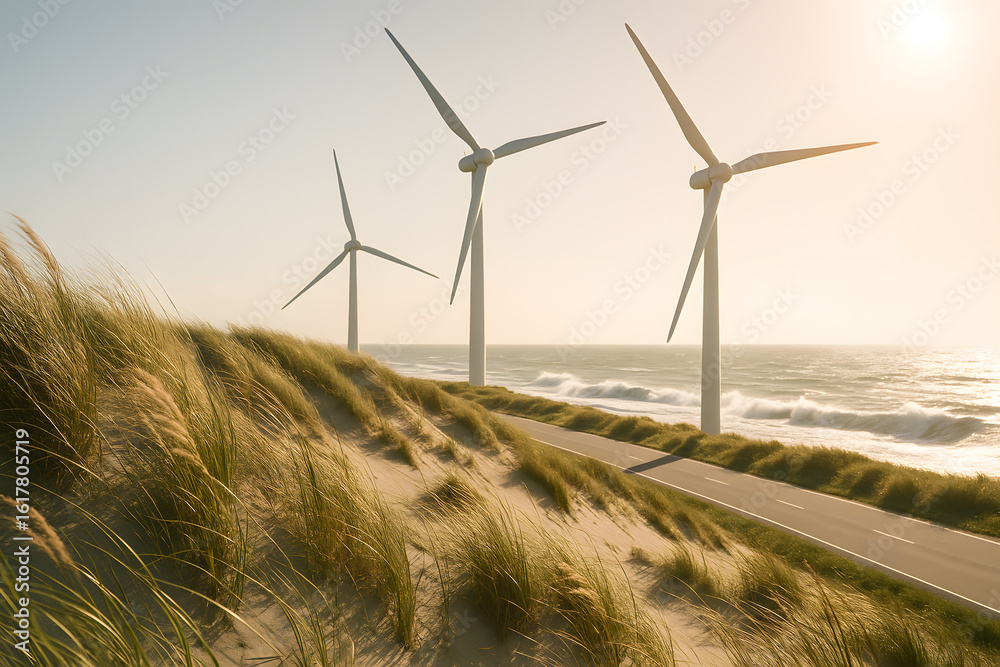 Obraz premium Wind turbines generating renewable energy near the ocean at sunset time