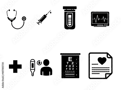A collection of medical icons including stethoscope, syringe, test tube, monitor, and healthcare symbols, ideal for representing medical and healthcare services, devices, and professional practice con