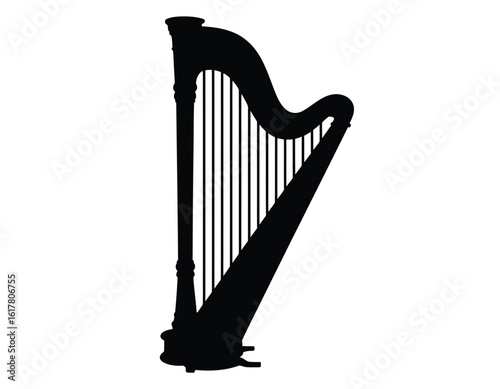 Black harp silhouette musical instrument white background