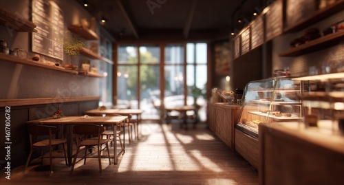 Sunlit cafe interior, wooden furniture, pastries displayed