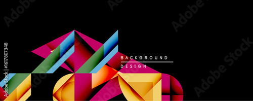 Abstract geometric shapes overlap, creating vibrant color contrasts against dark background. Modern design elements suggest dynamic composition, visual energy.