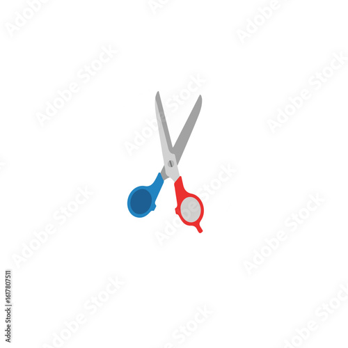 A pair of scissors with blue and red handles isolated on a white background in a studio shot