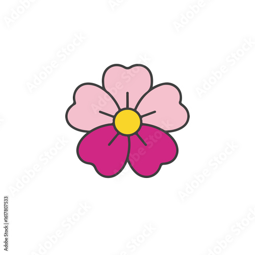 A simple illustration of a five petaled flower with pink and magenta coloring and yellow center