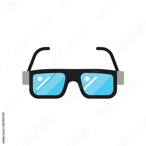 Illustration of black framed glasses with blue lenses on a white background