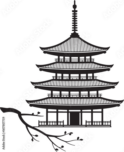 Traditional Pagoda Silhouette with Branch Detail on Transparent Background for Asian Themes
