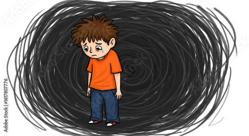 A conceptual illustration of a sad, crying boy enveloped by a dark, swirling vortex of depression and anxiety