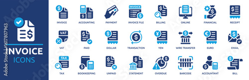 Invoice icon set. Containing receipt, bill, tax, paid, statement, accounting, transaction, barcode, financial and more. Solid vector icons collection.