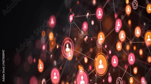 Sleek, dark background with glowing orange and pink social media icons connected by thin lines, representing the concept of digital network and community building in marketing