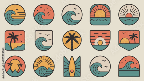 Retro style surf and beach vector icons with palm trees 