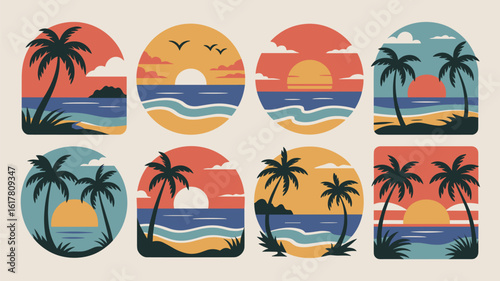 Vintage beach vector icons with palm trees and sunset 